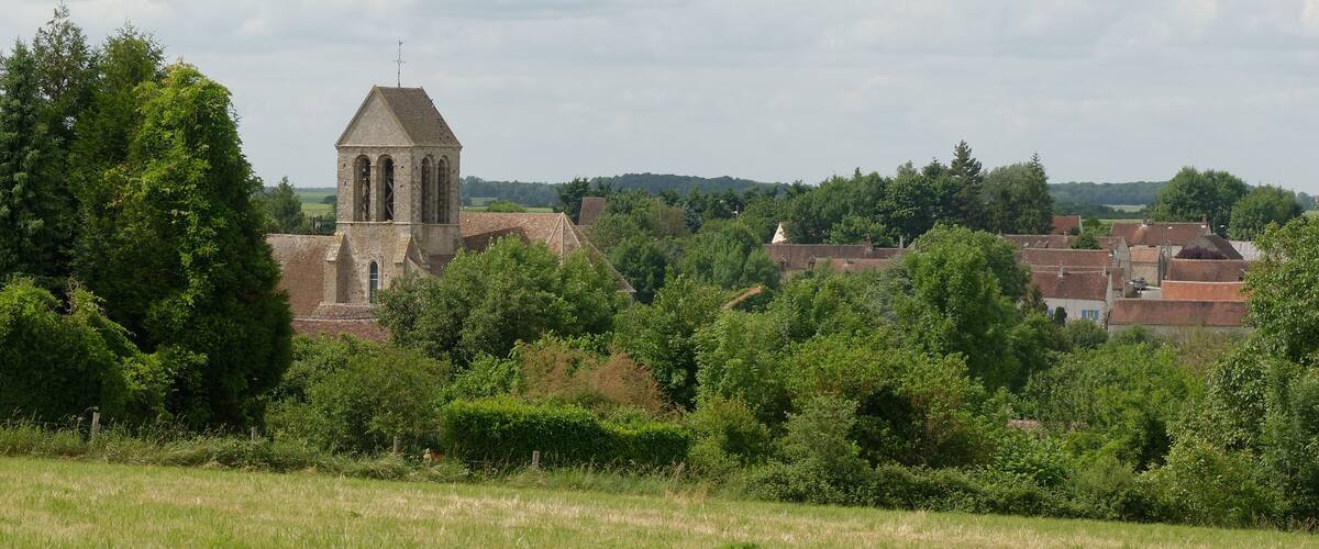 A church with a bell tower, surrounded by lush greenery and residential buildings.