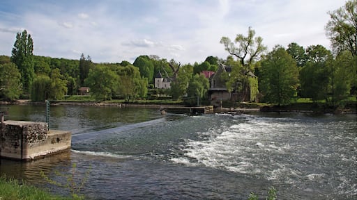 Dierre (Indre-et-Loire) Ecluse de Vallet à Dierre. A needle dam in 1840, with its lock and weir. La commune est située sur les bords du Cher, où se trouve un des barrages* à aiguilles avec écluse et déversoir, de 1840. Le barrage fait 51 mètres de long. Le barrage a été détruit en partie en octobre 2012*, il a été remis en état en juillet 2015, par la pose de 63 aiguilles (Nouvelle République du 18/7/2015). En face à gauche, sur la commune d'Athée-sur-Cher, le logis privé de La Falaise, construit au XIXe siècle dans le style néogothique. L'annuaire de Tours et Indre et Loire de 1905 nous apprend que le moulin juste en face de l'écluse était une usine électrique. Elle figure toujours dans l'annuaire de 1939. Subsistent 10 barrages (sur 16) de ce type dont 7 en Indre-et Loire. Chaque barrage est constitué d’un déversoir fixe (maçonnerie), d’un barrage mobile à aiguilles et d’une écluse. Une maison éclusière offre deux logements symétriques pour l’éclusier et le barragiste et des parties communes. La canalisation du Cher sur 61 kms de Noyers à Tours fut entreprise en 1836, pour prolonger le canal du Berry lui même construit de 1828 à 1840. Le 15 Octobre 2012, de fortes pluies annoncées à l'avance entraînent la destruction plusieurs barrages.
