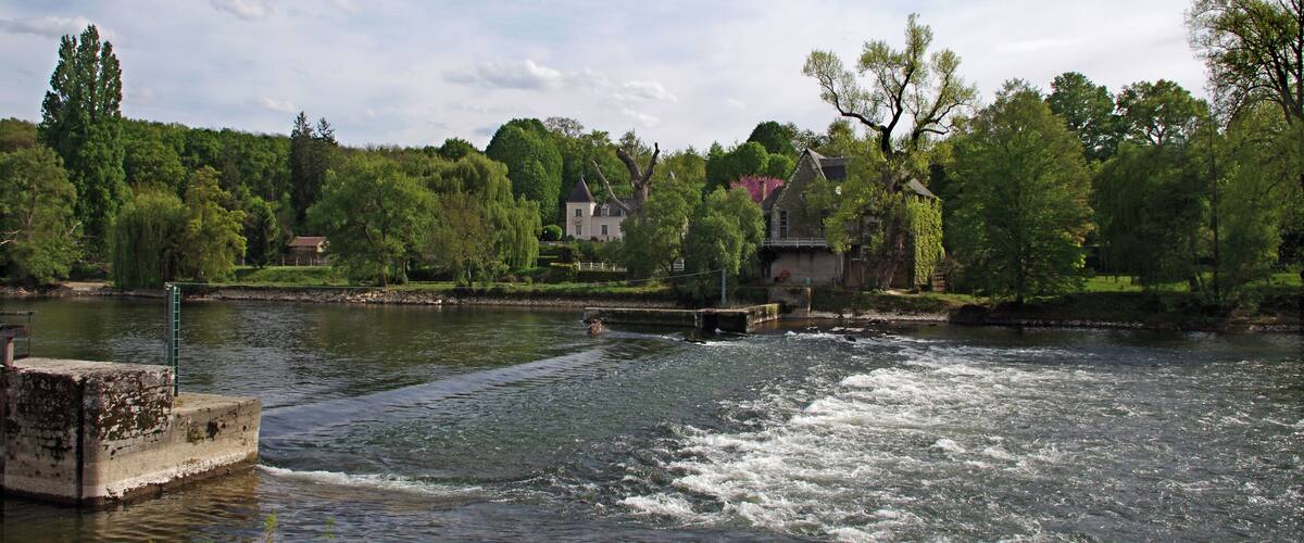 A river with a bridge, surrounded by lush greenery and houses.