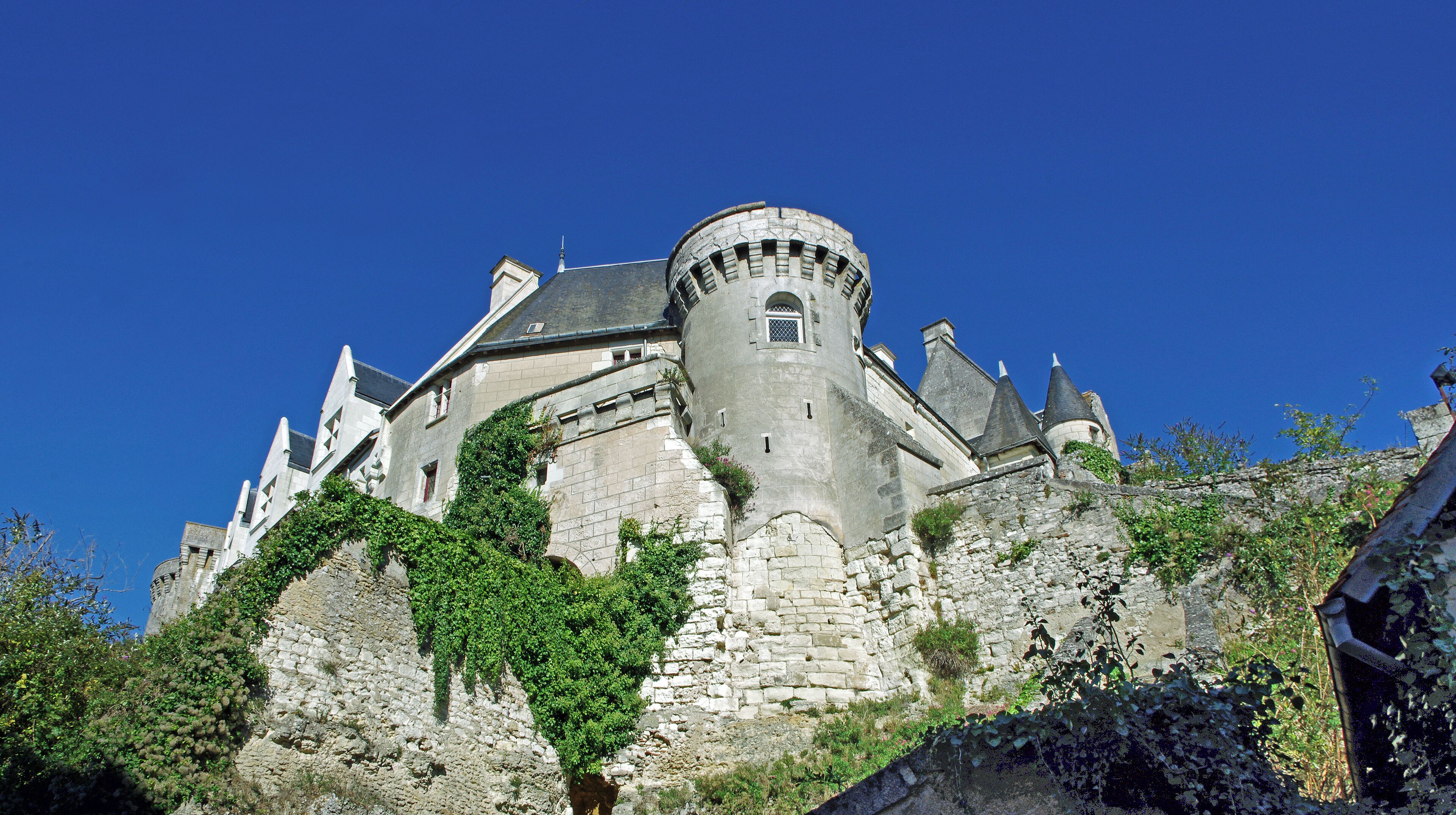 A historic castle with a round tower, steeply pitched roofs, and ivy-covered walls.