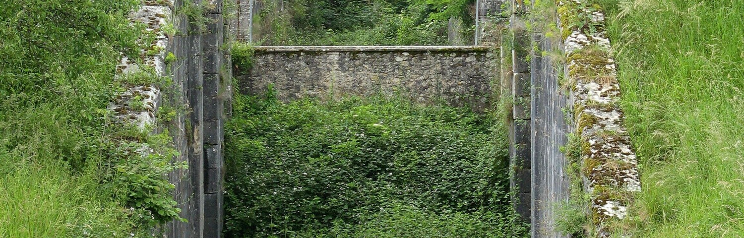 Un canal estrecho bordeado por muros de piedra y abundante vegetación, con un pequeño puente que lo cruza.