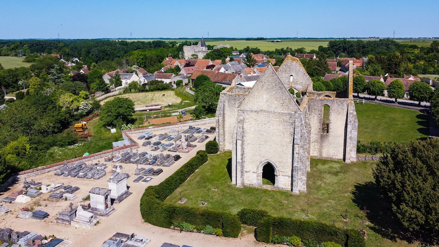 Aerial view of the unfinished Saint Lubin Church in Yèvre-le-Châtel in the French department of Loiret, Centre Val de Loire, France