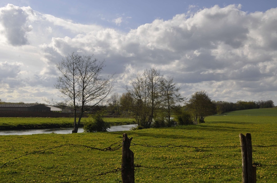 Un paysage rural avec une rivière, des champs verdoyants et un ciel nuageux.