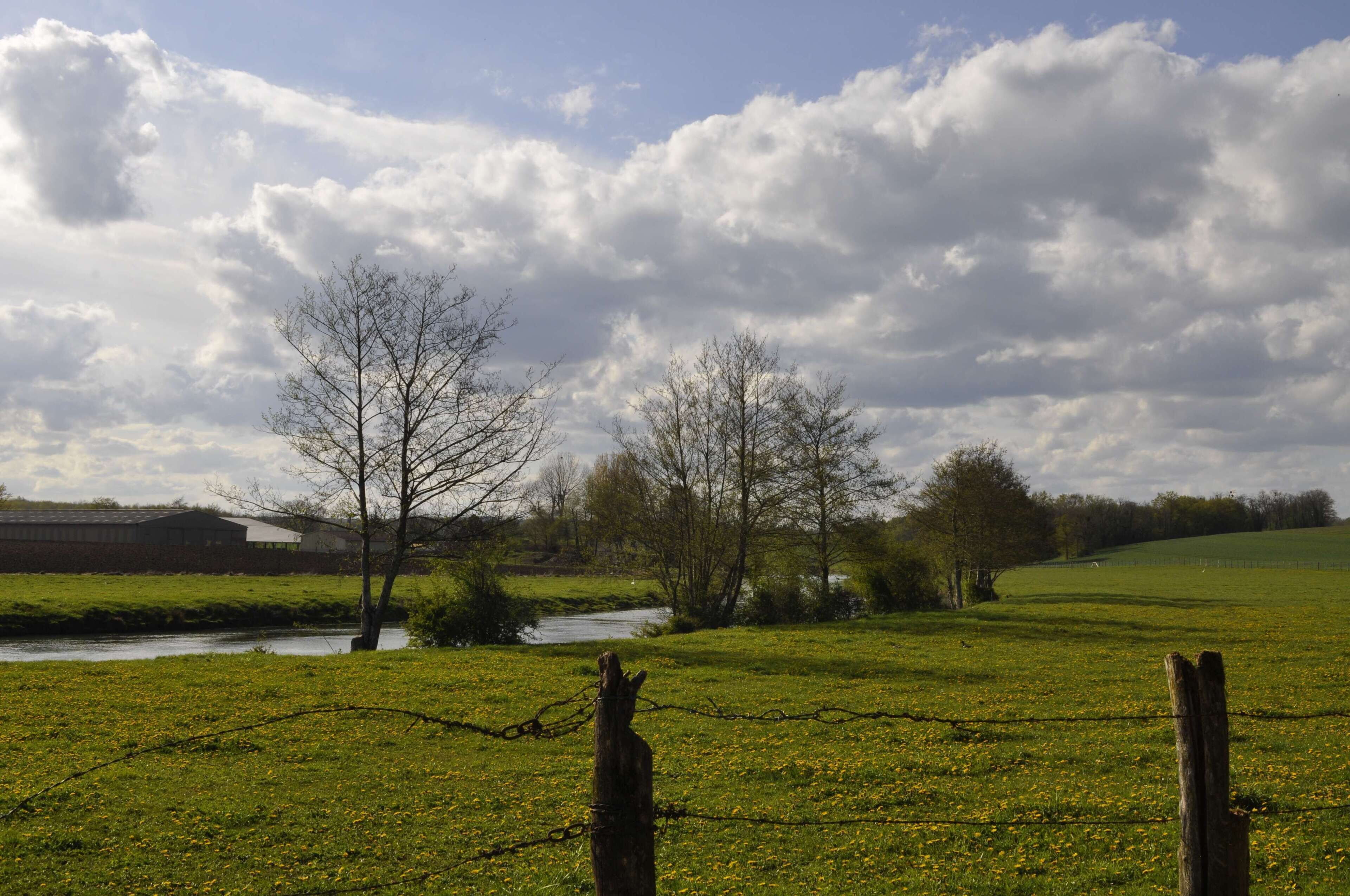 A rural landscape with a river, green fields, and a cloudy sky.