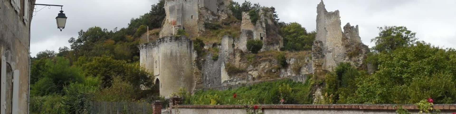 A historic castle ruin on a hill with a street in the foreground.