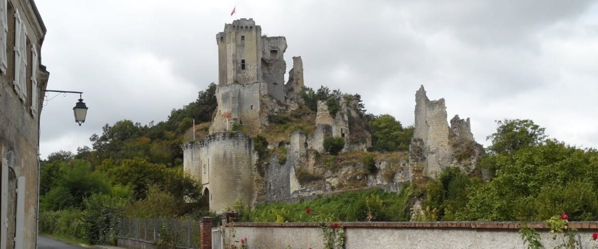 A historic castle ruin on a hill with a street in the foreground.