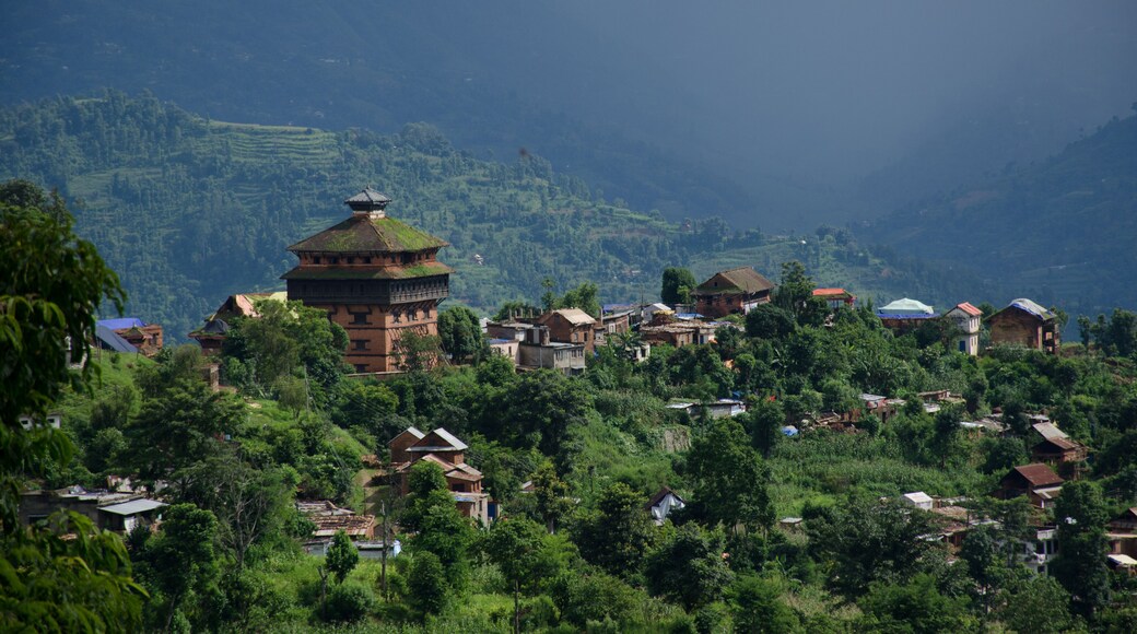 Nuwakot ancient castle tower appears in the morning haze from a hilltop near Nuwakot village, Nepal.