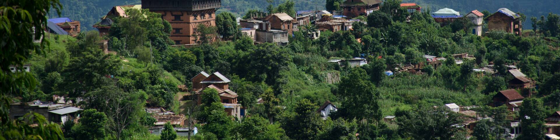 Nuwakot ancient castle tower appears in the morning haze from a hilltop near Nuwakot village, Nepal.