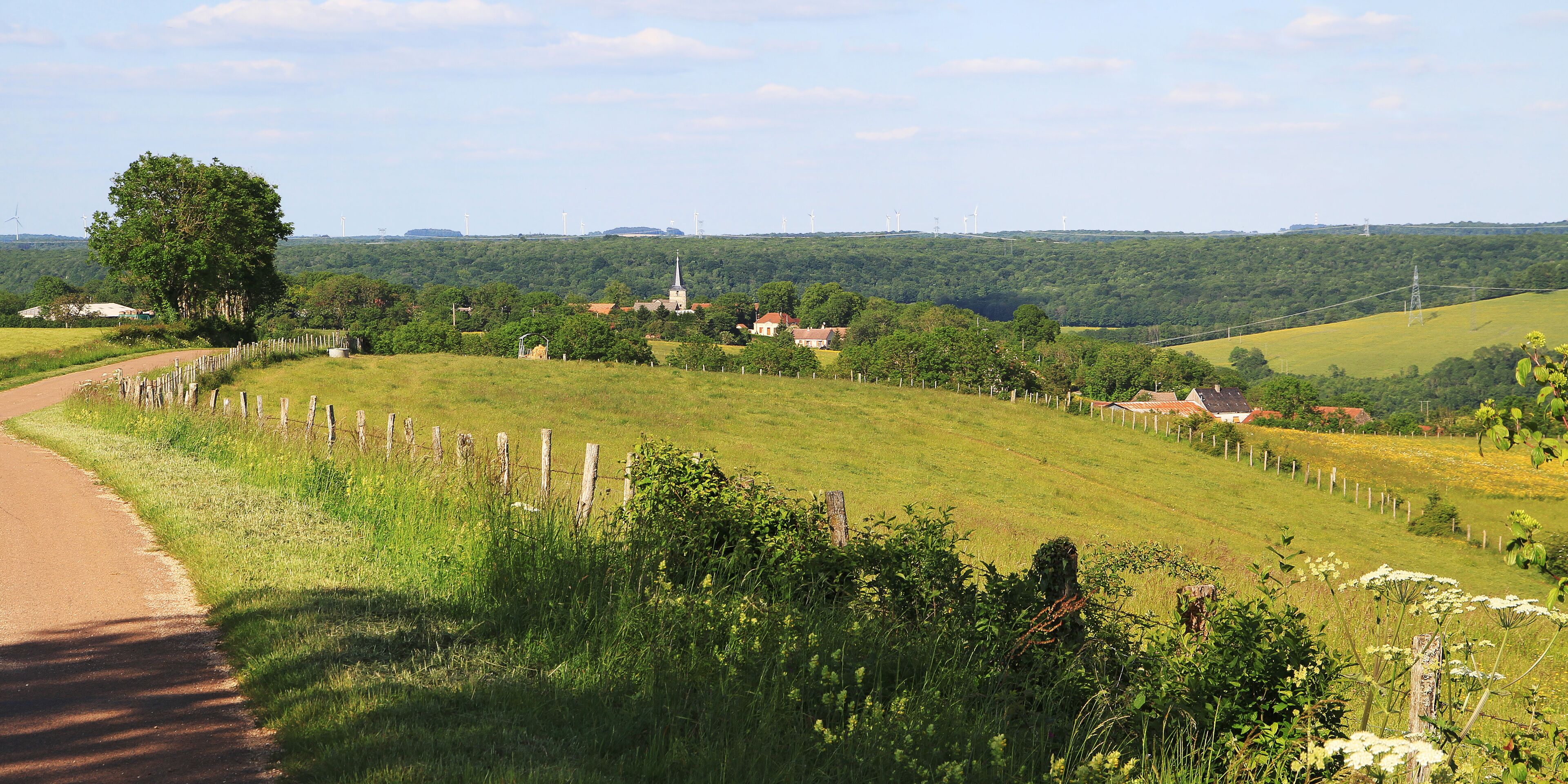 A rural landscape with a winding road, a large tree, a church, and wind turbines in the distance.