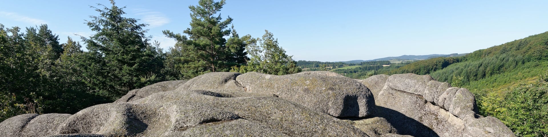 Le Rocher du Combeau, mégalithe à cupules au lieu-dit Rongère Montagne, à la limite entre les communes de Lachaux et Châteldon, dans le Puy-de-Dôme.