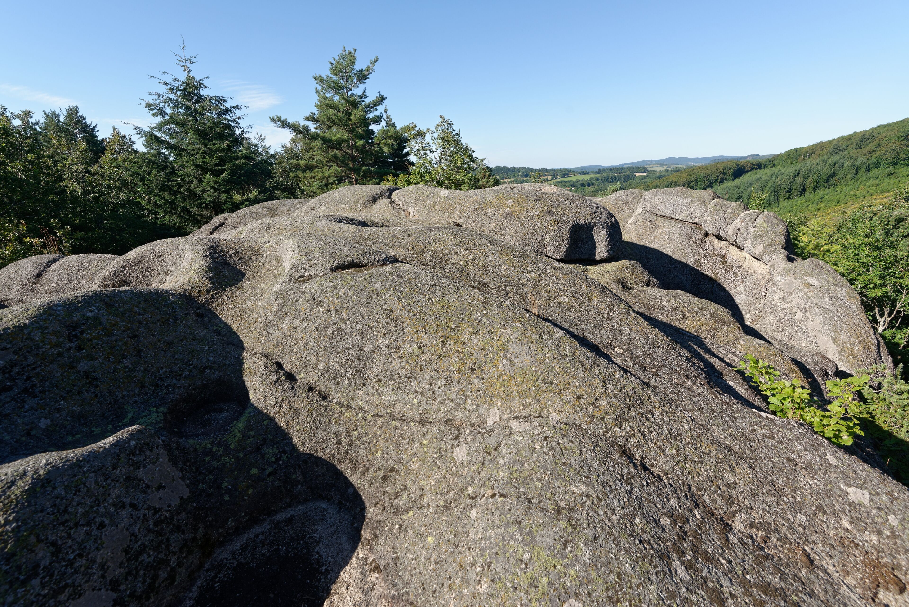 Large boulders in a forested area with a clear sky.