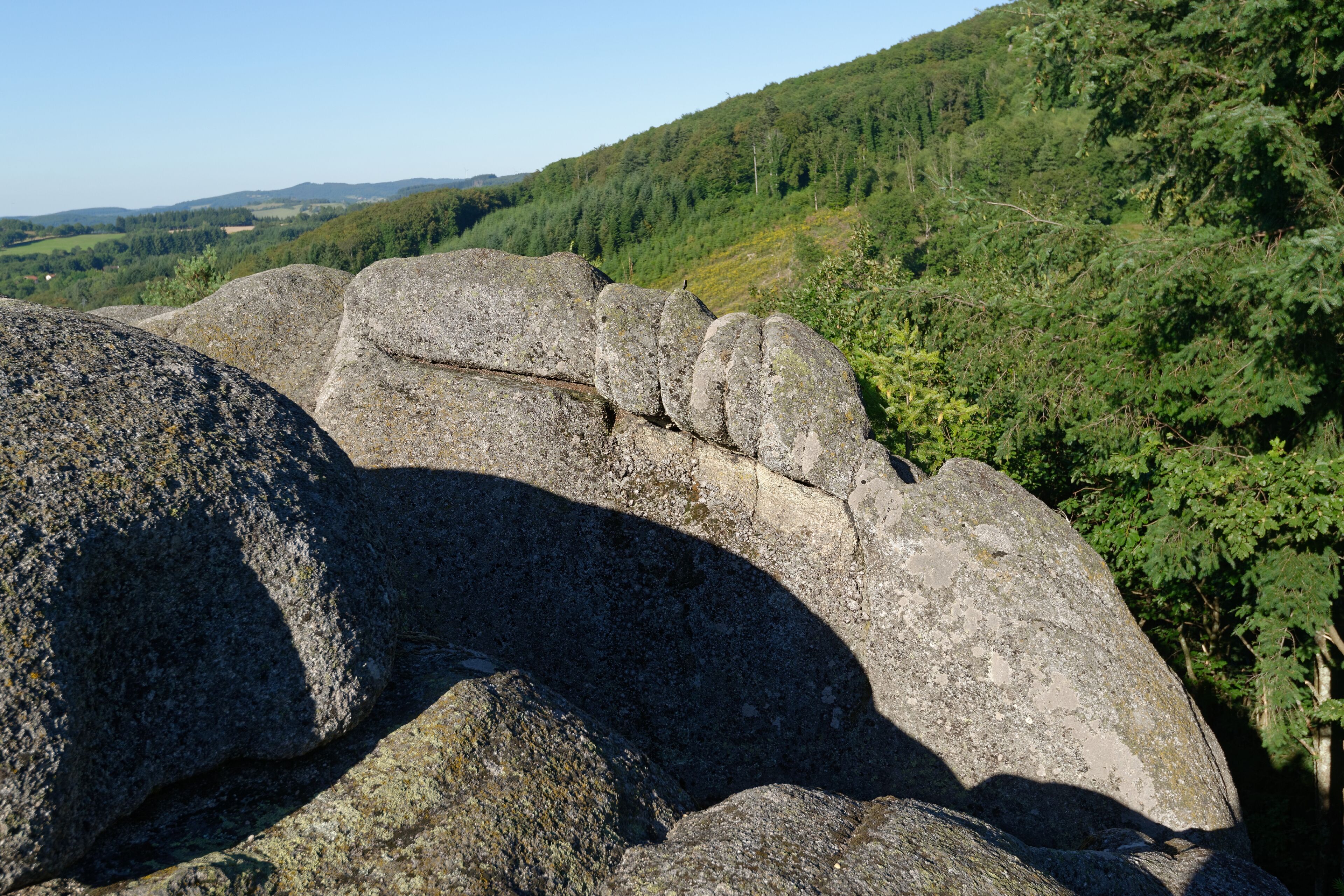 Le Rocher du Combeau, mégalithe à cupules au lieu-dit Rongère Montagne, à la limite entre les communes de Lachaux et Châteldon, dans le Puy-de-Dôme.