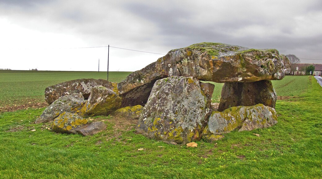 Liniez (Indre) 47° 01' 39" N 01° 45' 30" E Dolmen de la Pierre-Levée. Dolmen de type angevin assimilable à une allée couverte. Le monument est orienté est-ouest avec l'entrée à l'est. Dolmen type Angevin similar to a covered walkway. The monument is oriented east-west with the east entrance.