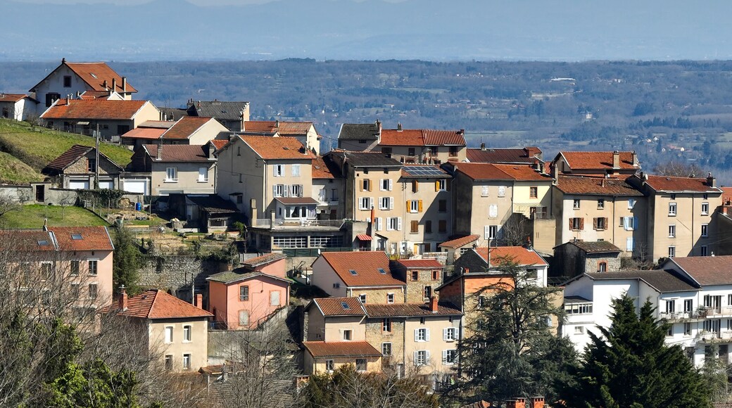 Aerial view of dense historic center of Thiers town in Puy-de-Dome department, Auvergne-Rhone-Alpes region in France. Rooftops of old buildings and narrow streets