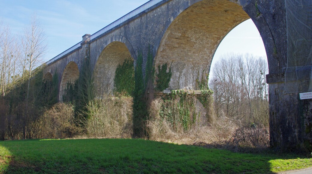 Choue (Loir-et-Cher). Viaduc de Choue, sur la Grenne. Le viaduc ferroviaire de 1880, enjambe la vallée de Pontioud avec 12 arches. Il a une hauteur de 22 mètres et une longueur de 240 mètres.