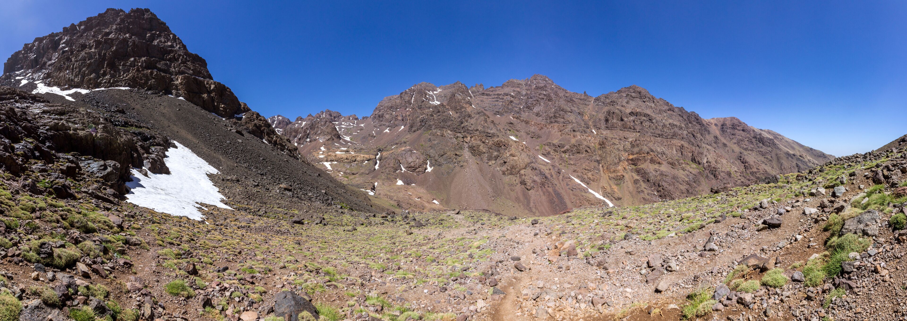Toubkal national park, the peak whit 4,167m is the highest in the Atlas mountains and North Africa, trekking trail panoramic view.