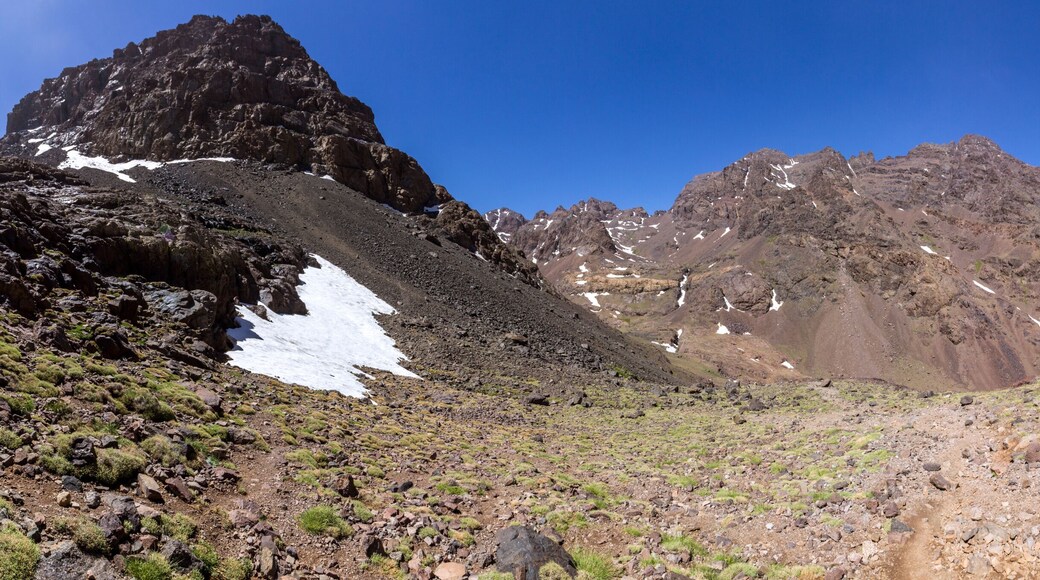 Toubkal national park, the peak whit 4,167m is the highest in the Atlas mountains and North Africa, trekking trail panoramic view.