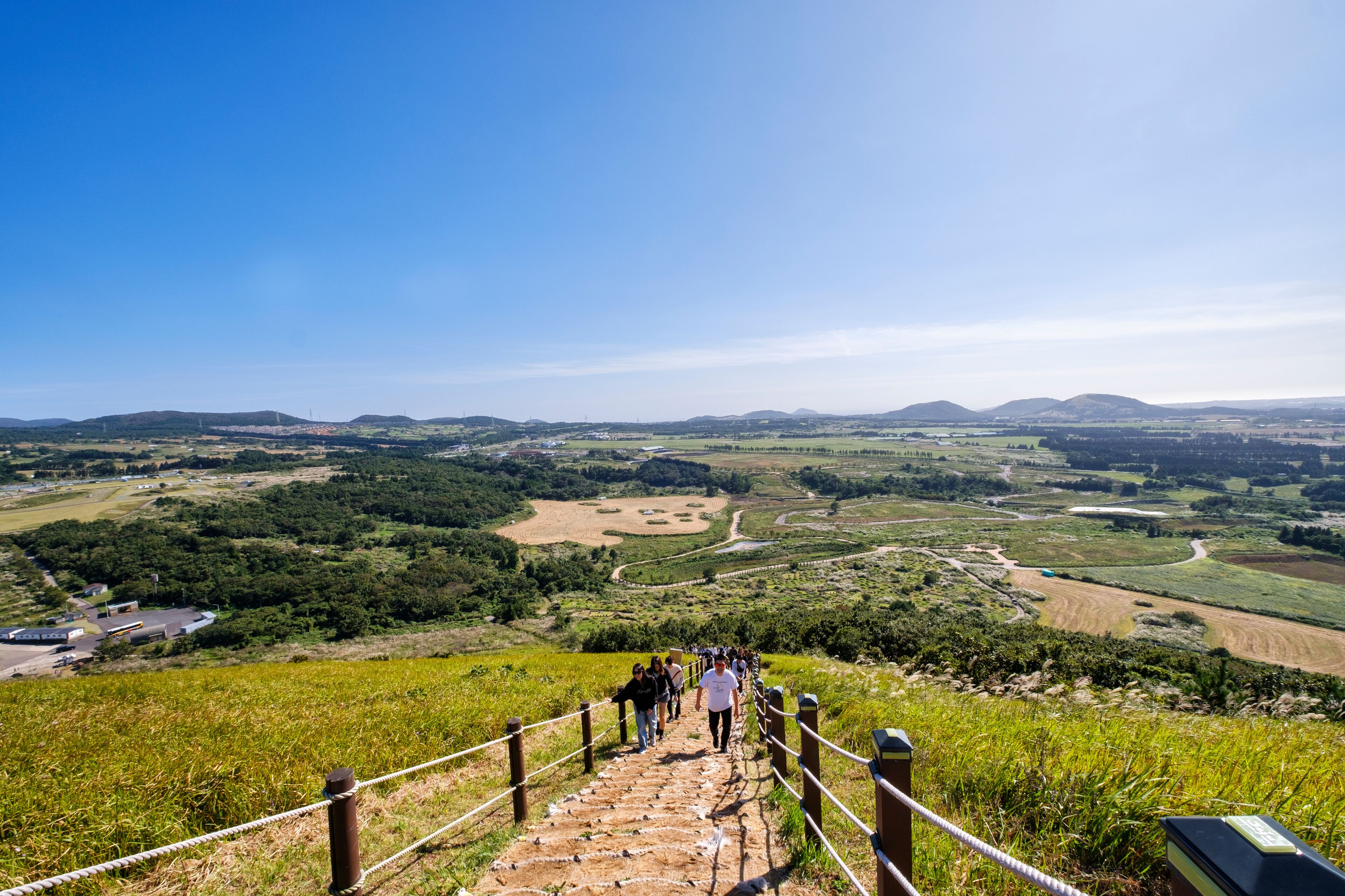 Visitors climbing up path beside silver grass growing during autumn on Saebyeol Oreum peak, Jeju Island, South Korea