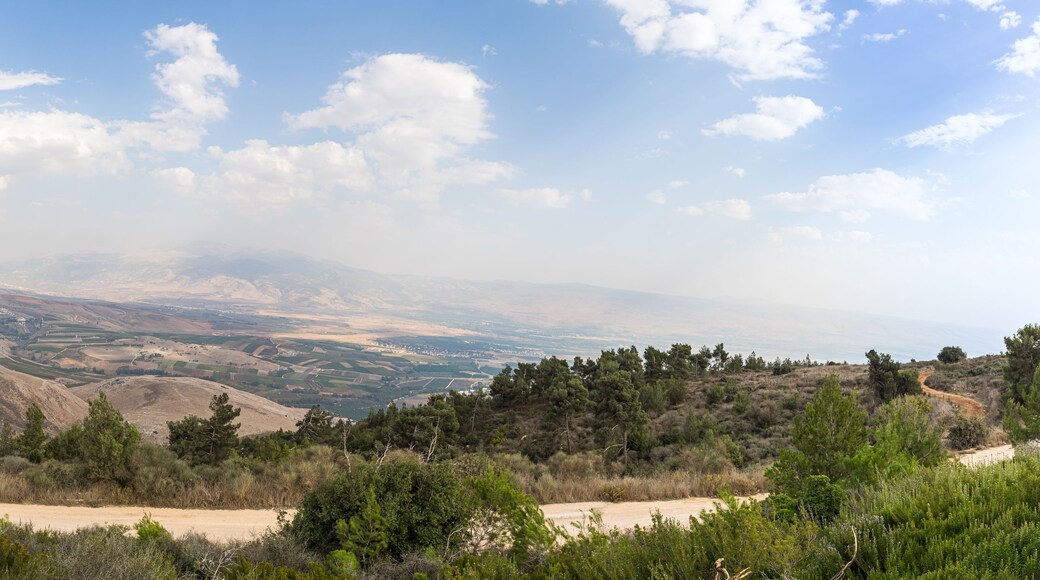 Eine gebirgige Landschaft mit terrassierten Feldern, einer kurvigen Straße und verstreuten Gebäuden.