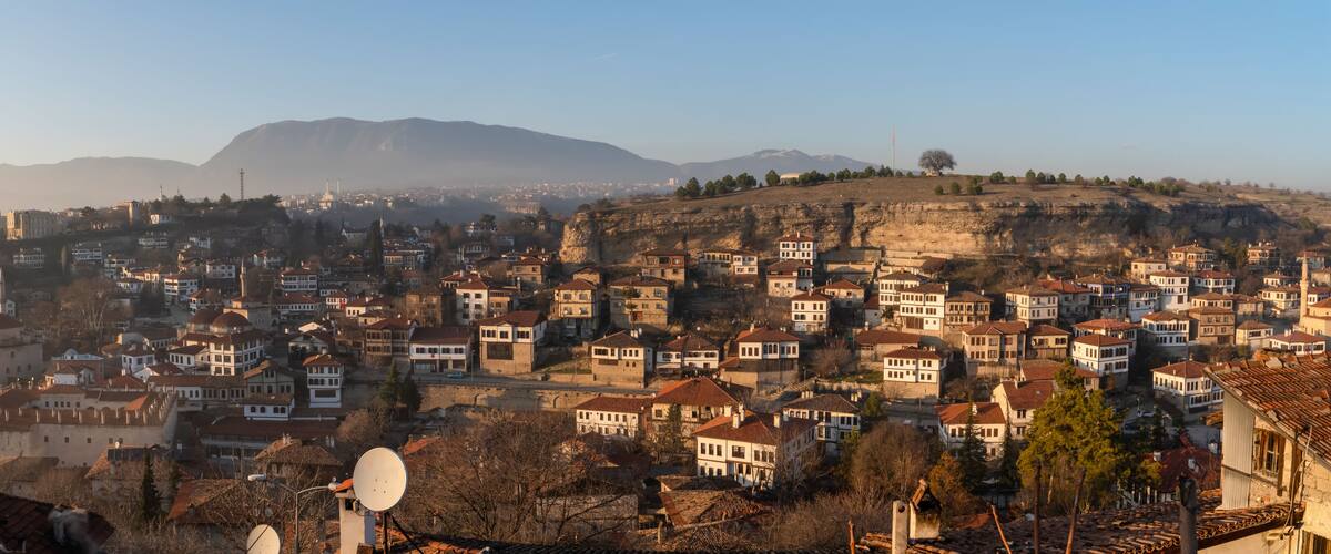 A cityscape with a prominent hill, numerous buildings, and a clear sky.