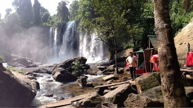 Its one strong waterfall current. Phnom Kulen Waterfall.