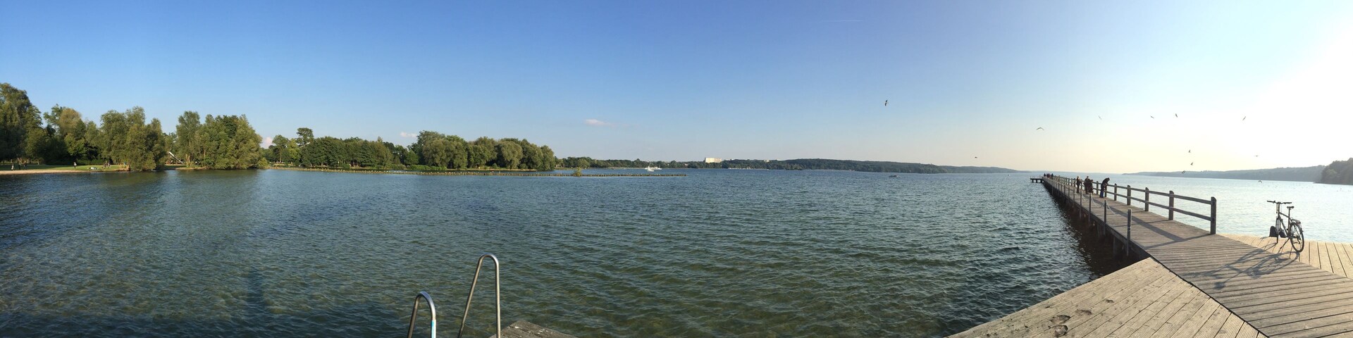 Un lago tranquilo con un muelle de madera que se adentra en el agua, rodeado de árboles y un cielo despejado.
