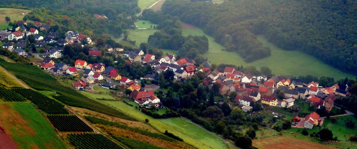 An aerial view of a village with red-roofed houses, surrounded by green fields and a river.
