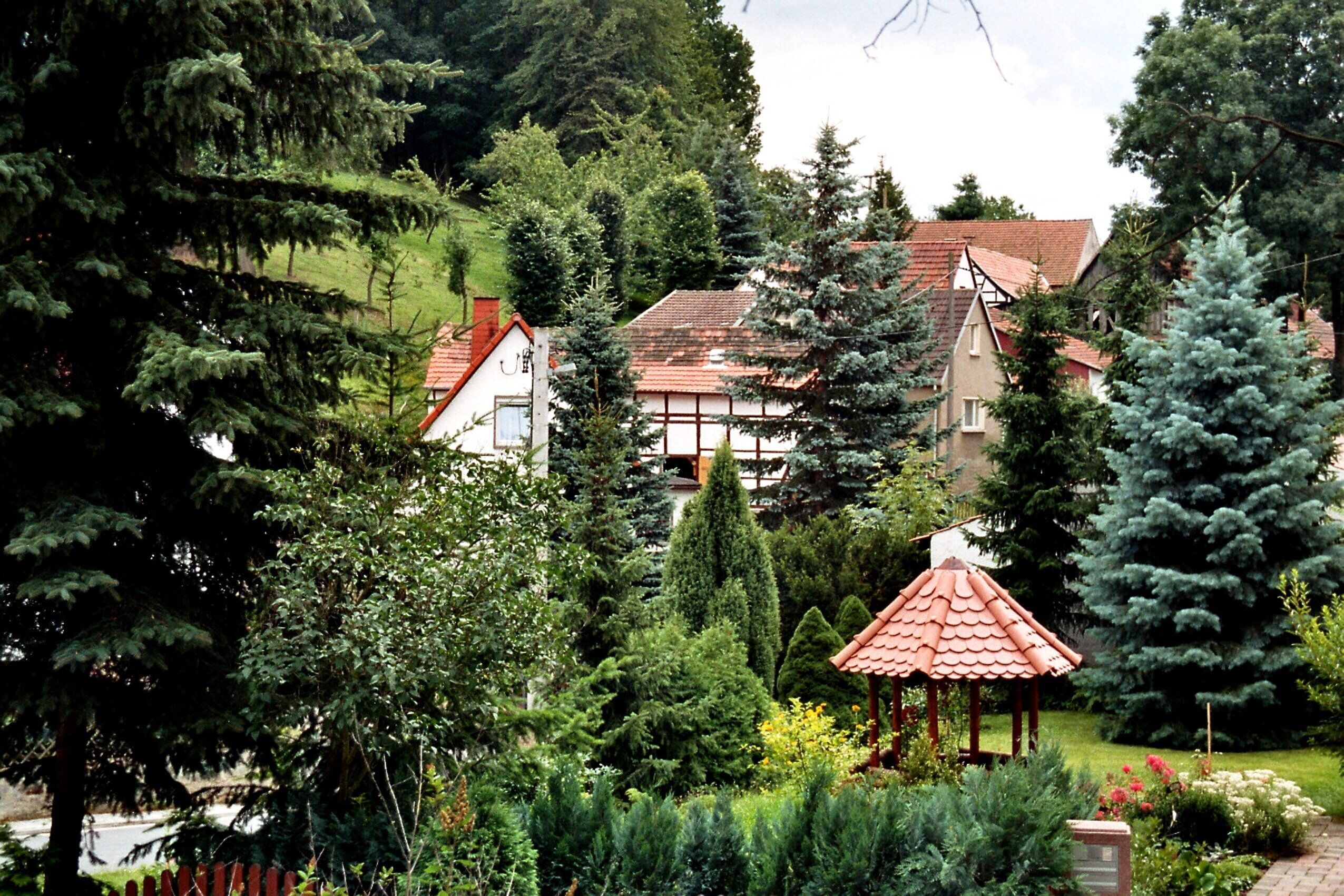 A village with houses, a gazebo, and dense greenery.