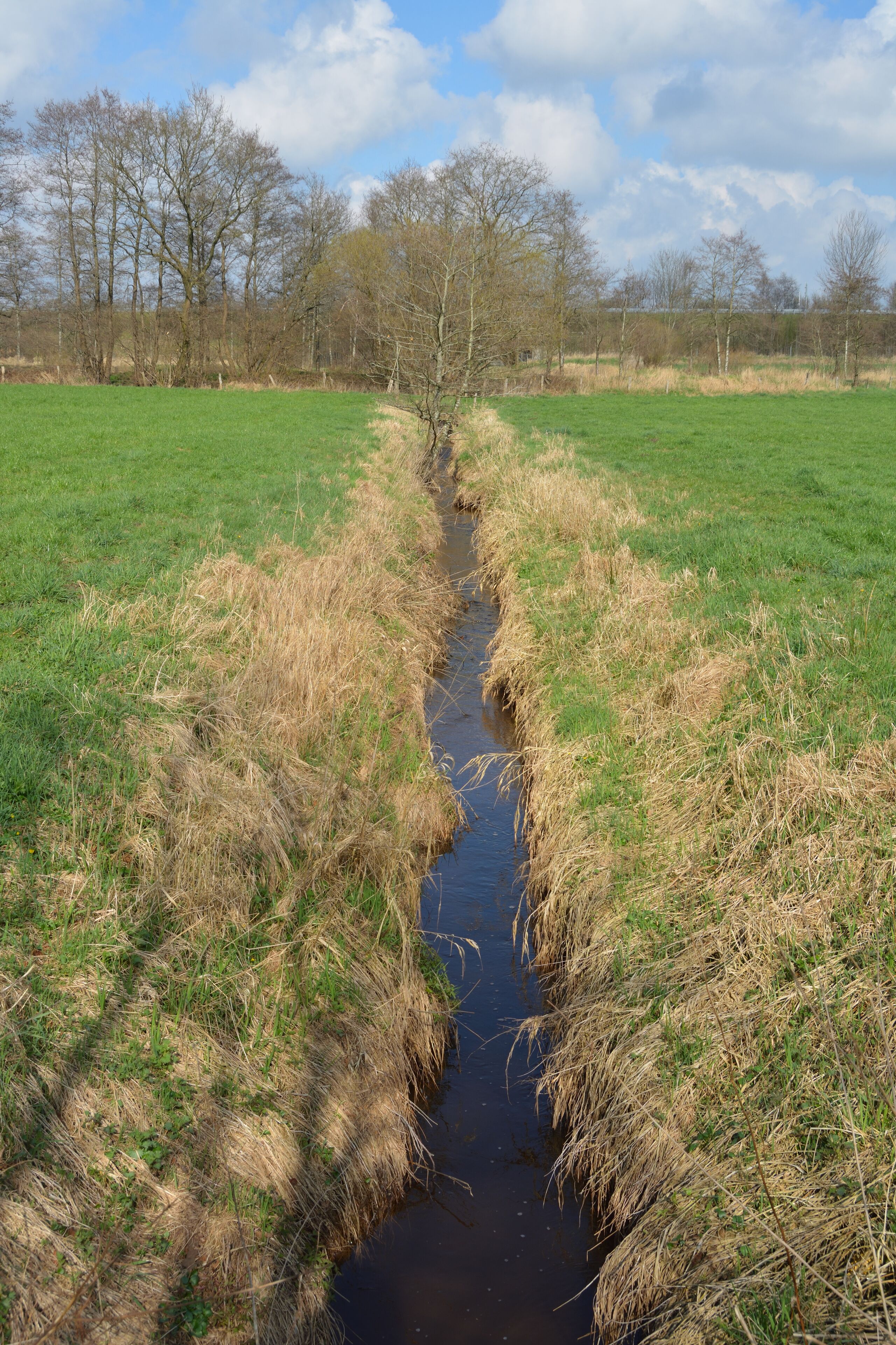 A narrow water channel flanked by dry grass and trees under a partly cloudy sky.