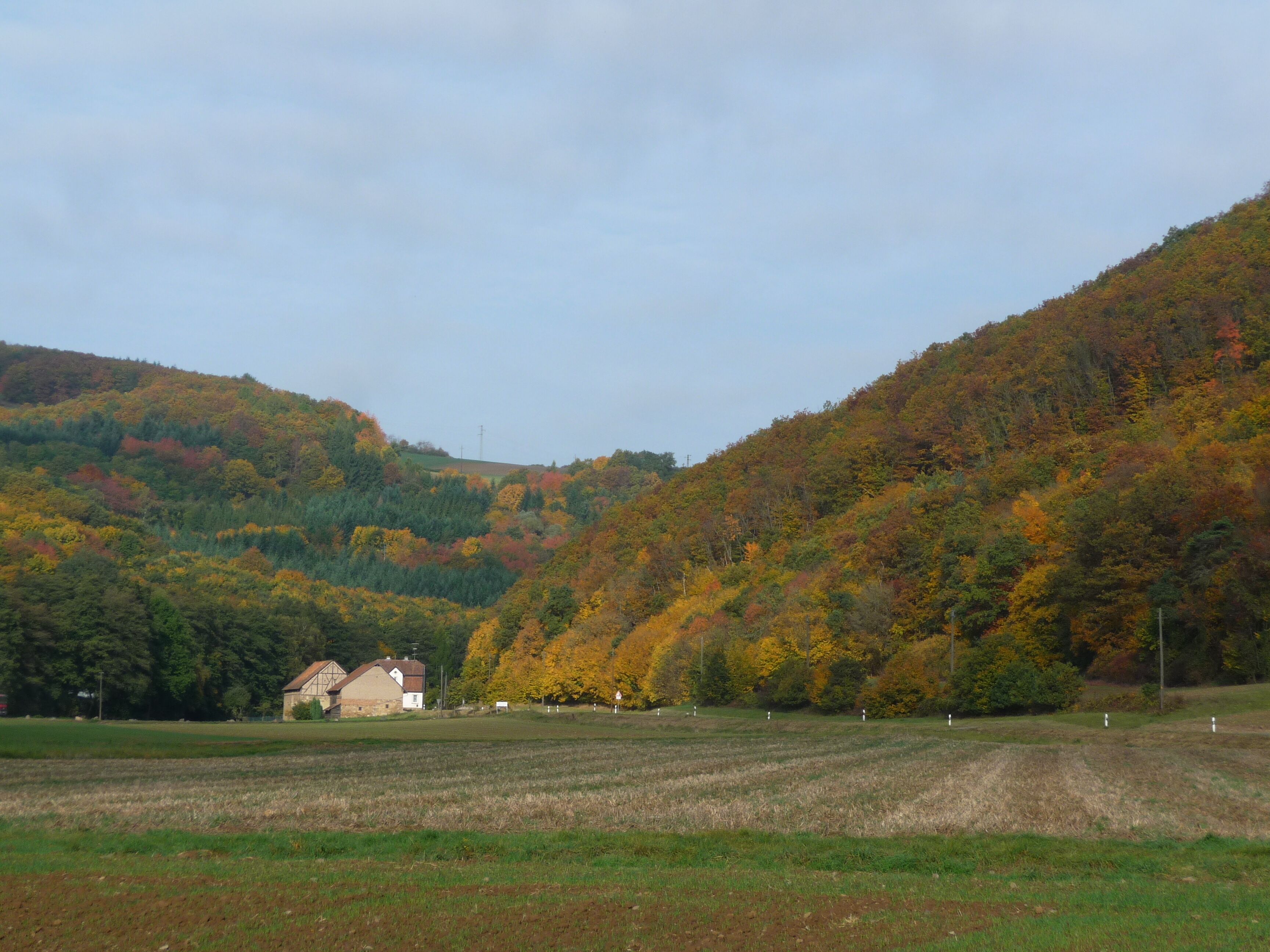 A rural landscape with a house, fields, and autumn-colored trees on a hillside.