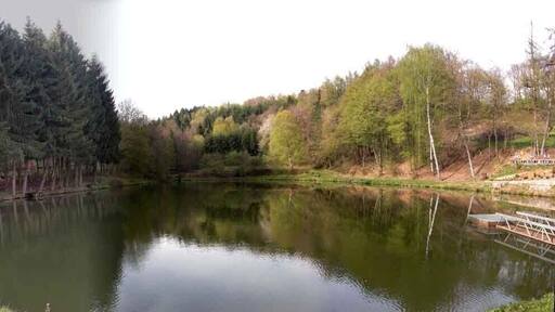 Un lago tranquilo rodeado de un bosque denso y un muelle de madera.