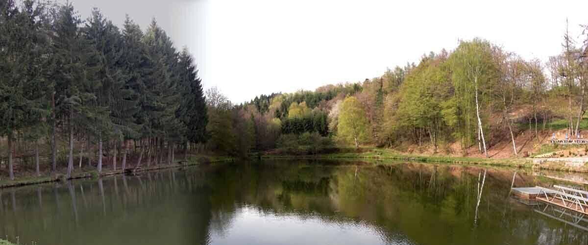 A calm lake surrounded by dense forest and a wooden dock.