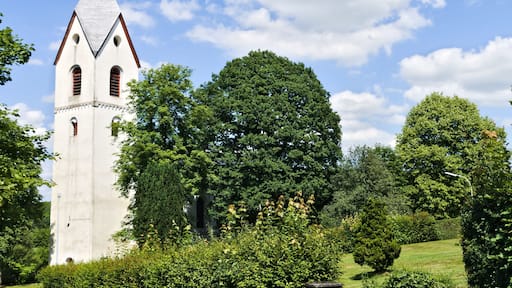 Cultural heritage monument: Protestant church from the second half of the 12th century; tower and hall from 1831. Steimeler Straße, Niederwambach, Westerwald, Germany. Seen from southwest
