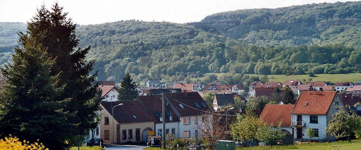 A rural road with houses, a large tree, and a hilly landscape in the background.