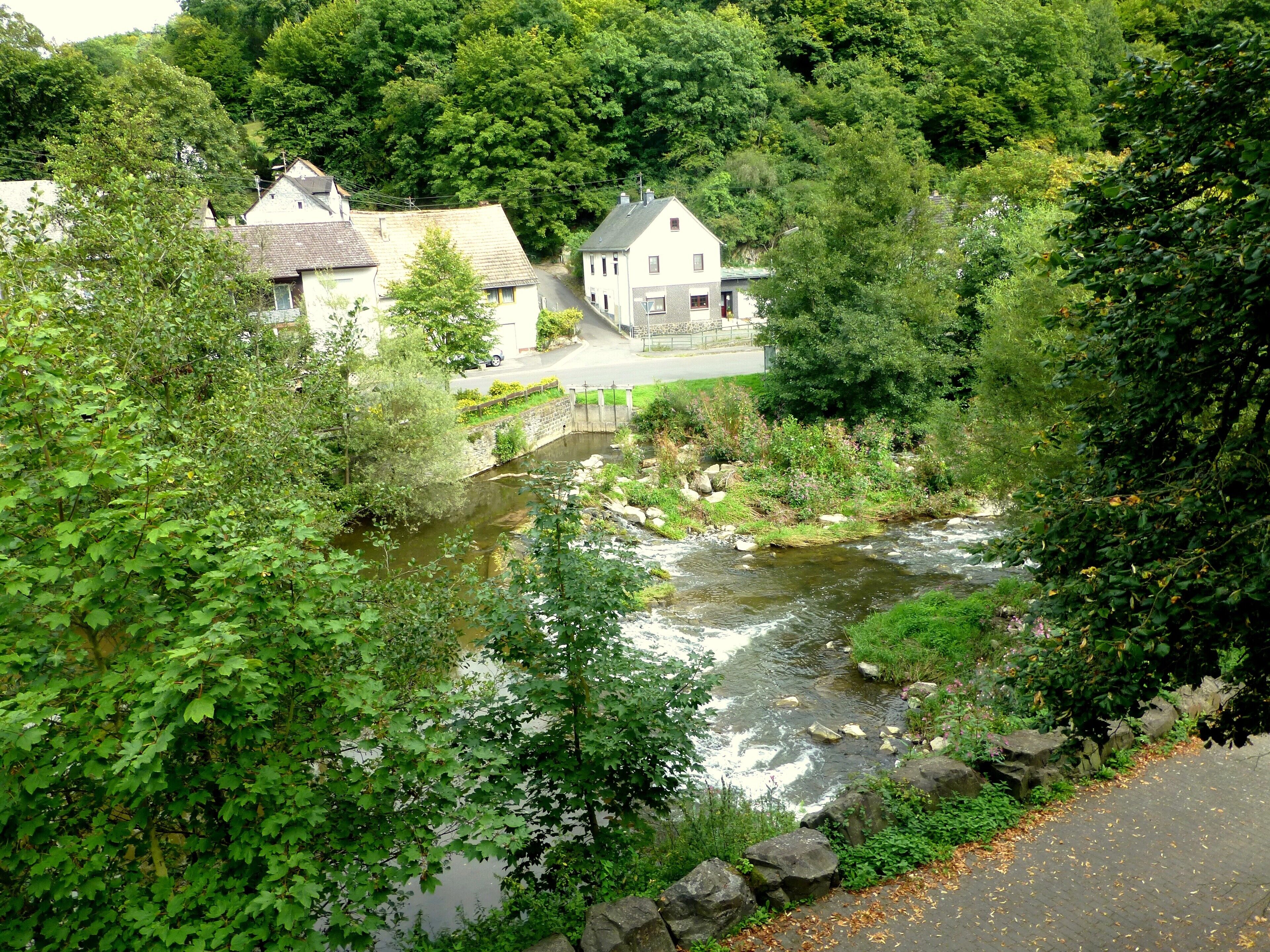 A river flowing through a village with houses and lush greenery.