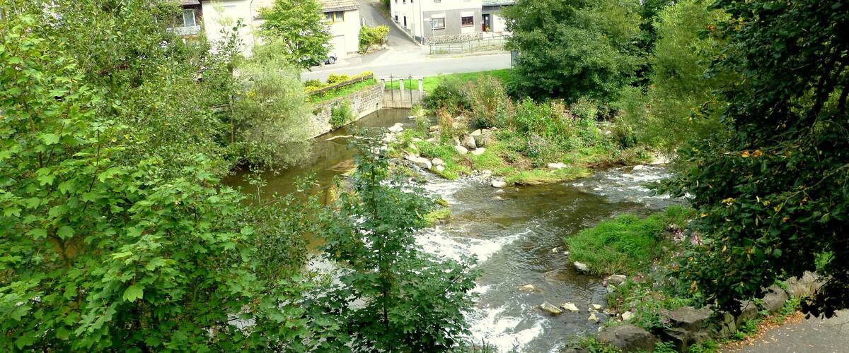A river flowing through a village with houses and lush greenery.