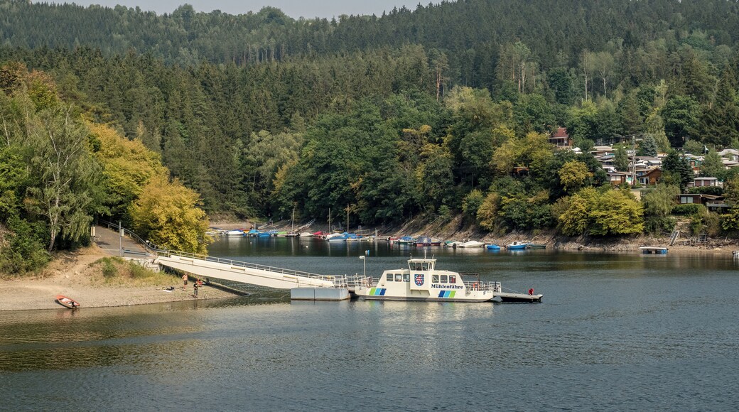 Hohenwarte reservoir near Linkenmühle with jetty of the mill ferry