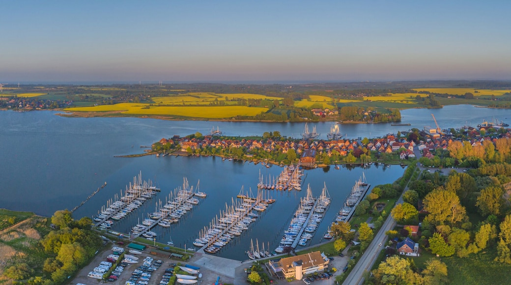 Panorama aerial view of town Arnis on firth of Schlei, Schleswig-Holsten, Germany. Aerial view of town Arnis the smallest town in Germany.