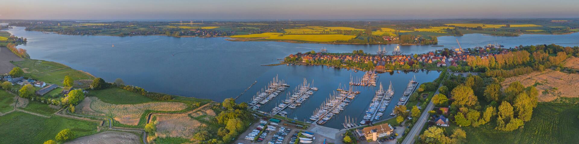 Panorama aerial view of town Arnis on firth of Schlei, Schleswig-Holsten, Germany. Aerial view of town Arnis the smallest town in Germany.