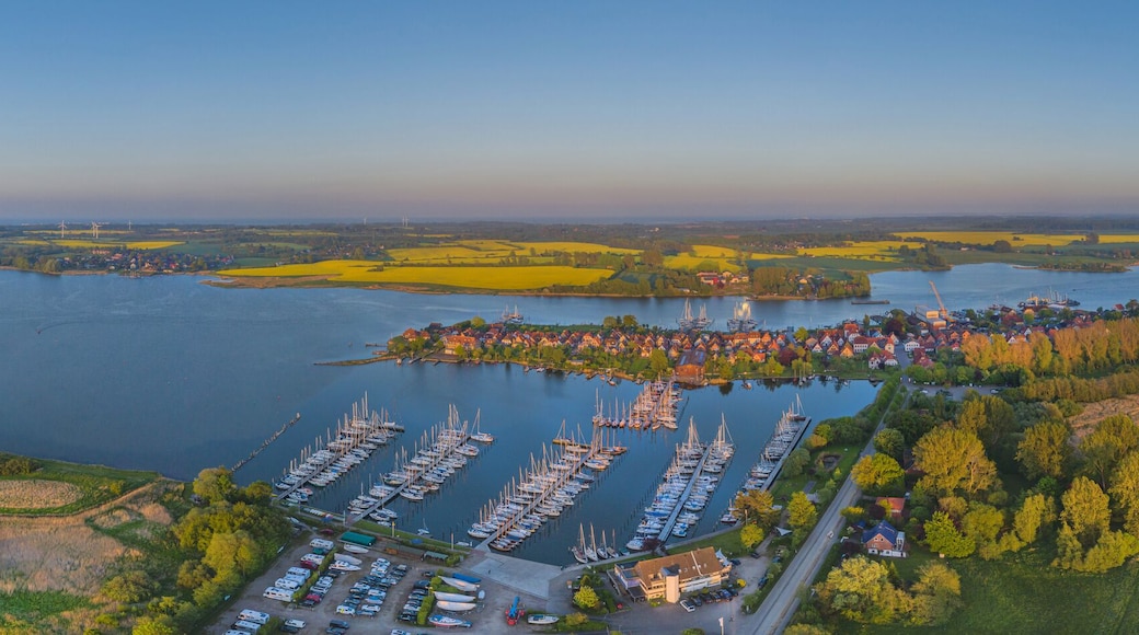 Panorama aerial view of town Arnis on firth of Schlei, Schleswig-Holsten, Germany. Aerial view of town Arnis the smallest town in Germany.