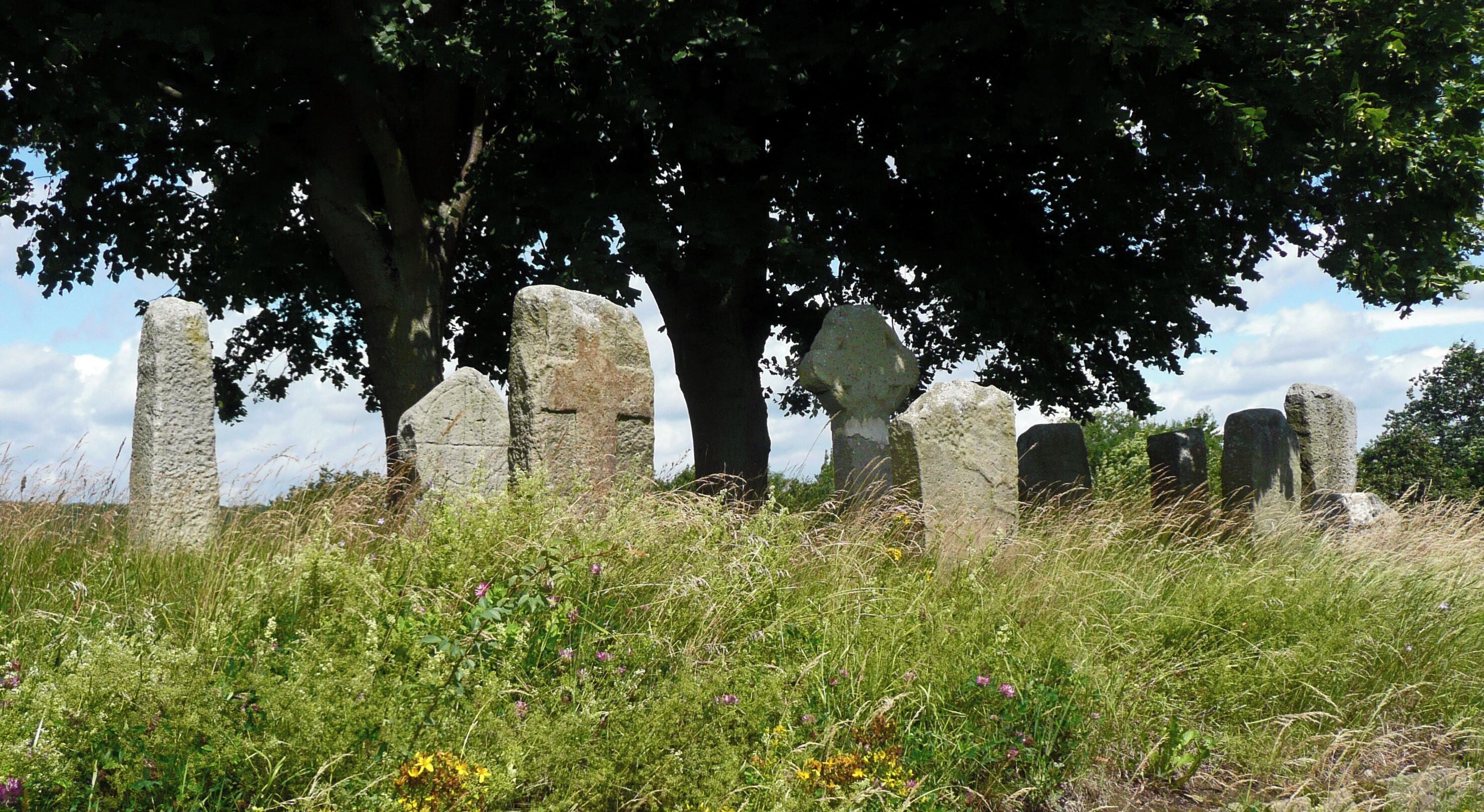 Gruppe von 10 Kreuzsteinen aus dem 11. bis 13. Jahrhundert am Dorfrand von Bühren, Samtgemeinde Dransfeld, Landkreis Göttingen, Südniedersachsen.