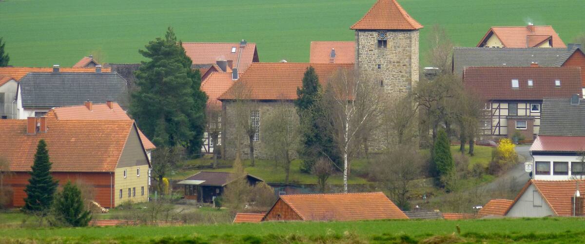 A village with red-roofed houses, a stone tower, and green fields.