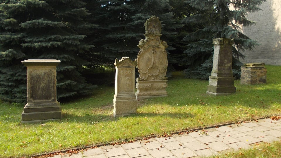 A cemetery with stone monuments and a large evergreen tree in the background.