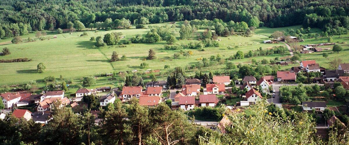 A village nestled in a valley with rolling hills and dense forests in the background.