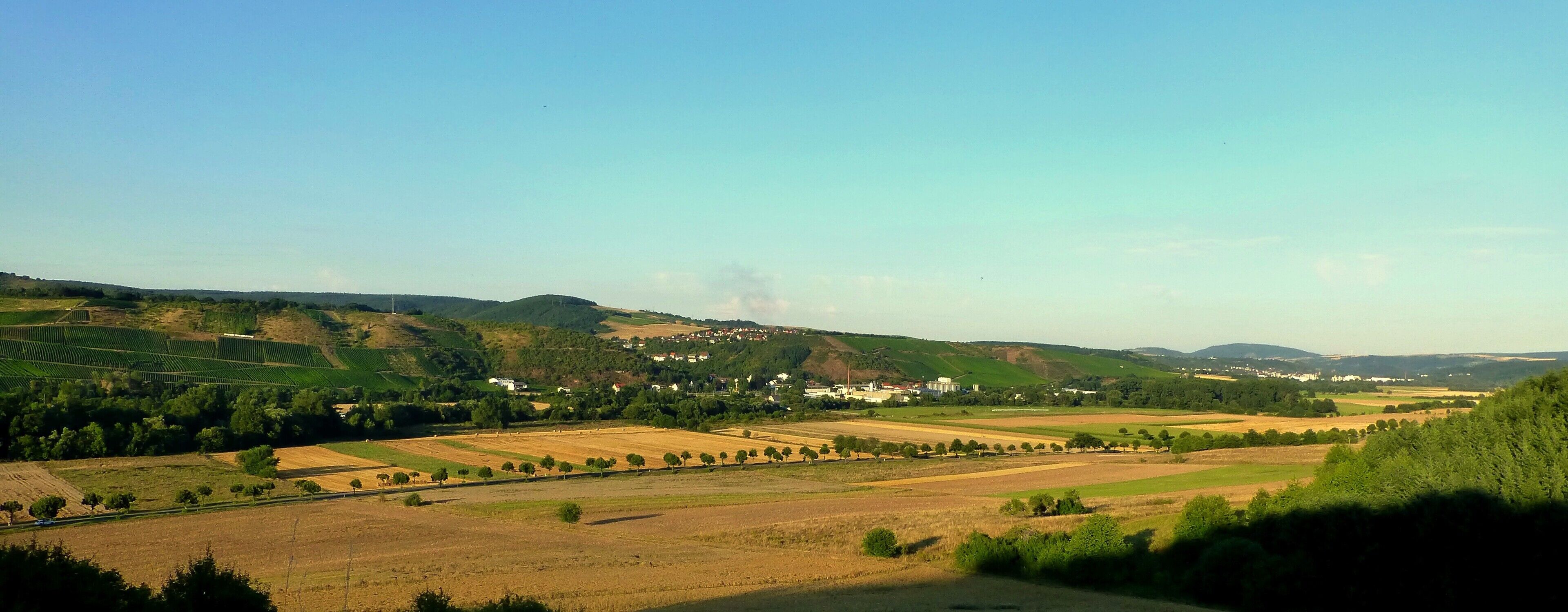 A rural landscape with rolling hills, fields, and scattered houses.