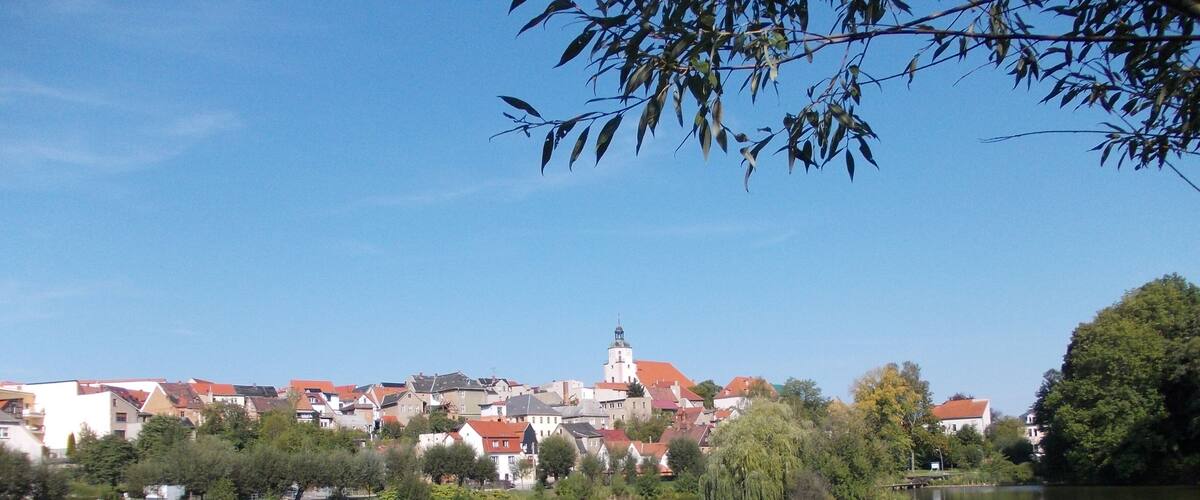 View of the town of Ronneburg (Greiz district, Thuringia) over the pond "Grosser Baderteich"