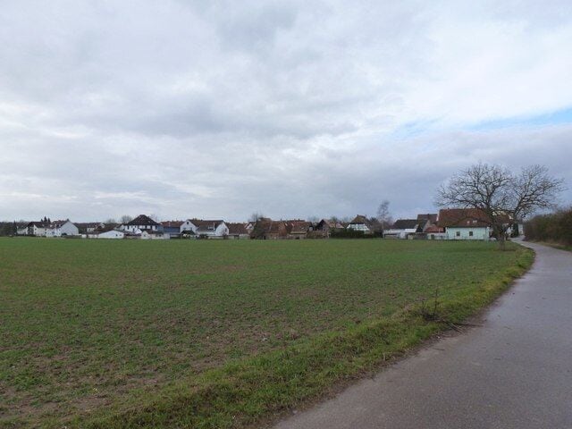 A rural landscape with a paved path, green fields, and white houses with red roofs.