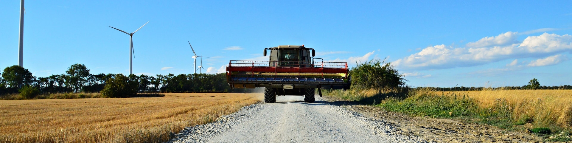 Begegnung beim Radfahren, ein Mähdrescher in voller Breite unterwegs auf der Hainleite bei Holzengel im thüringischen Kyffhäuserkreis.