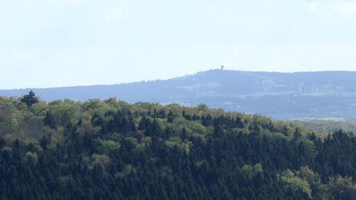 View from north to Montabaurer Höhe mountain range in Westerwald, Germany. Seen from Quirnbach village.