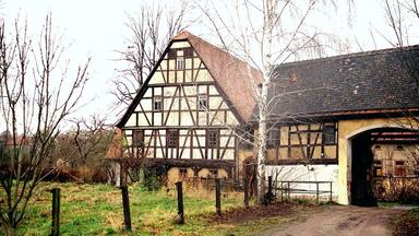 A traditional half-timbered house with a dirt path leading to a barn.
